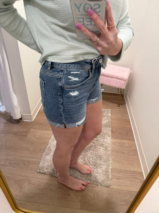 Plus Size-Risen Brand Distressed Denim Short