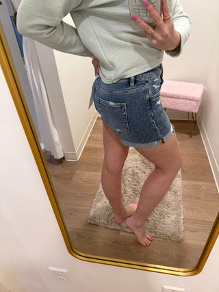 Plus Size-Risen Brand Distressed Denim Short
