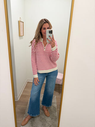 1/4 zip pink stripe sweater knit pullover