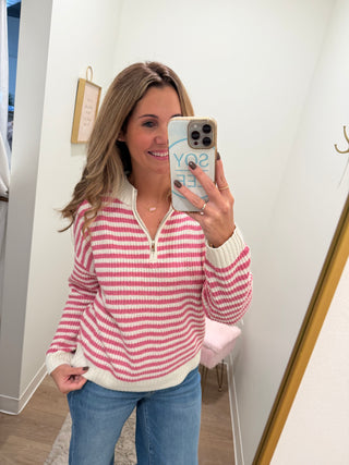 1/4 zip pink stripe sweater knit pullover