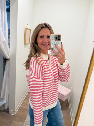 1/4 zip pink stripe sweater knit pullover