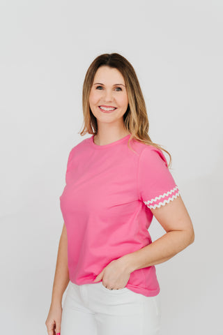 Pink top with white ricrac trim