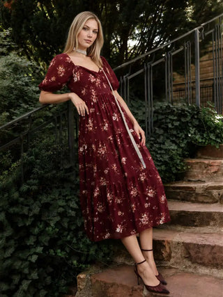 Floral Sweetheart Smocked Puff Tiered Midi Dress