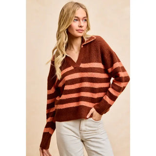 Brick/Terra Cotta Striped Sweater Top with Collar Stitched Details